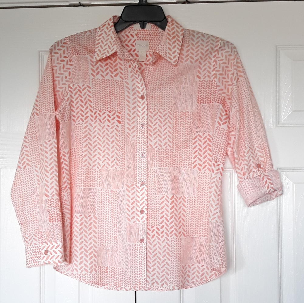 Chico's No-Iron button down shirt blouse roll tab sleeve Size 0 peach pink
